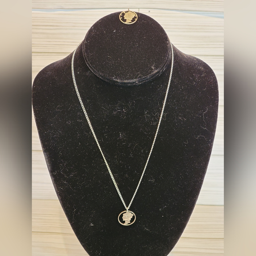 Vintage Mercury Dime Style Coin Pendant Necklace Set 2 Charms